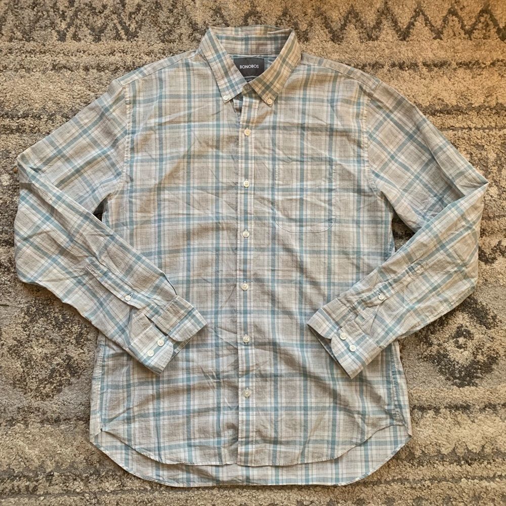 Bonobos Gray Blue Plaid Button Down Slim Fit Large